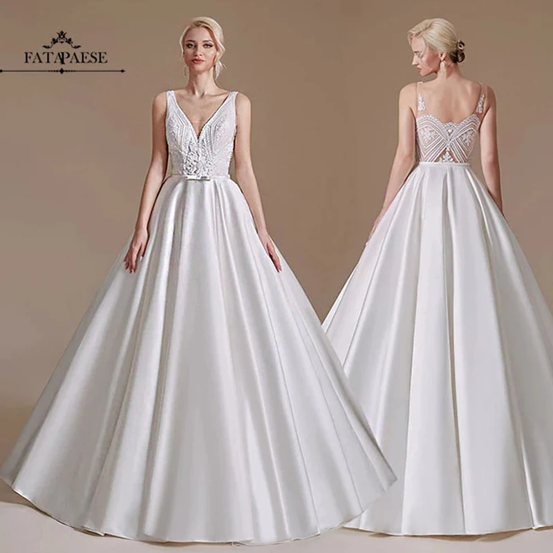 

FATAPAESE Elegant A-Line Wedding Dress V-Neck With Bow Belt Illusion Backless Satin Bridal Gown Classic Church Skirt Minimalist