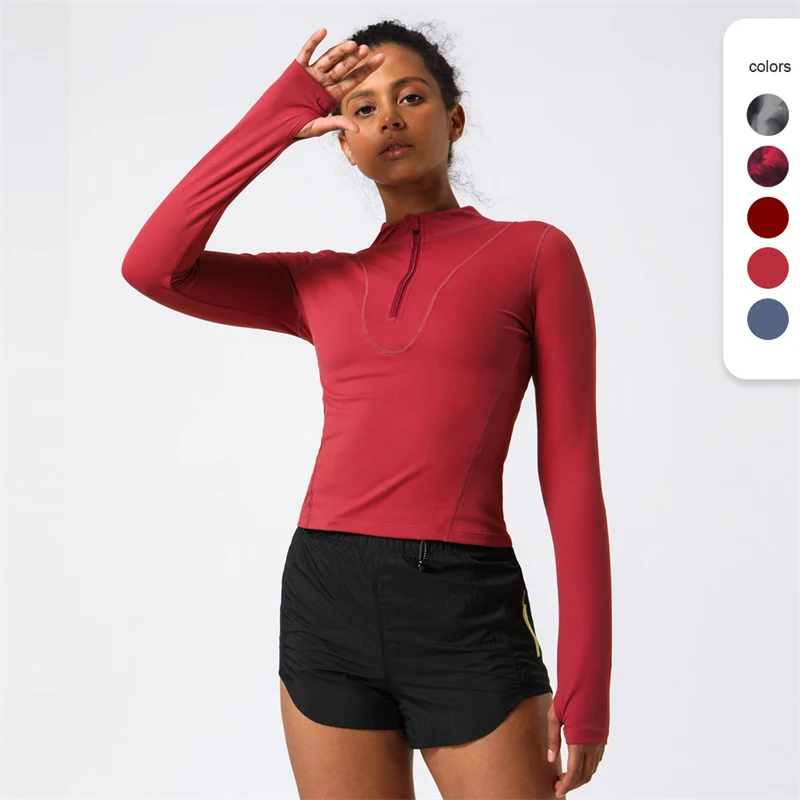 

Long Sleeve Yoga Shirts Gym Women's Sports Tops Zip Up Fitness T-shirts Shrink Waistline Slim Fit Tops Running Workout Gym Outfi