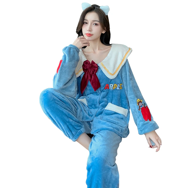 Flannel Inspissate Pajamas Loose Version Women Sleepwear Princess Style Col Claudine Cartoon Coral Fleece Winter Pajamas 4XL