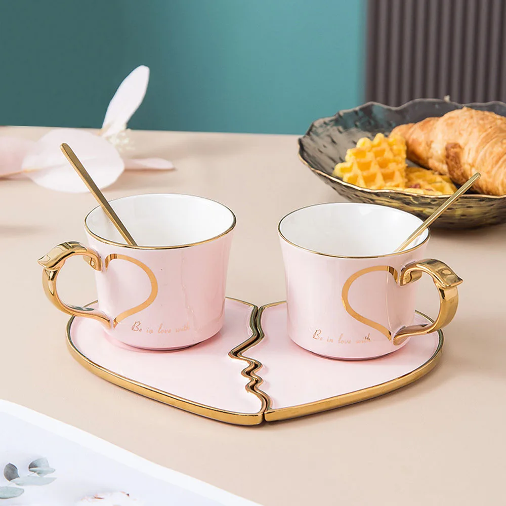 

2pcs/Pack Flawless ceramic coffee cup new couple breakfast mug saucer Heart Gold Painted Porcelain Valentine's Day gift set