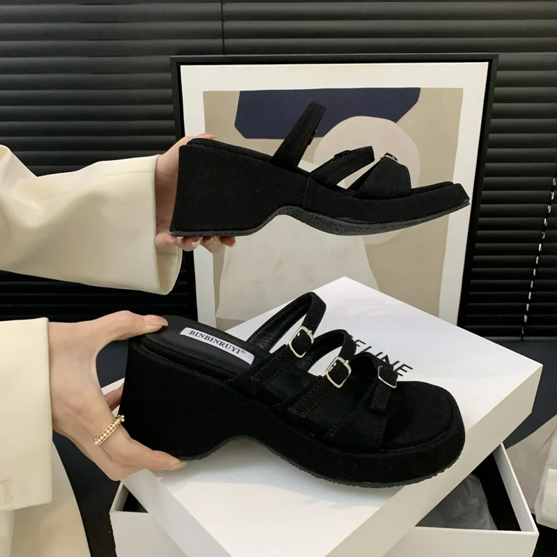 Женские шлепанцы на блочном каблуке синие джинсовые сандалии платформе летние