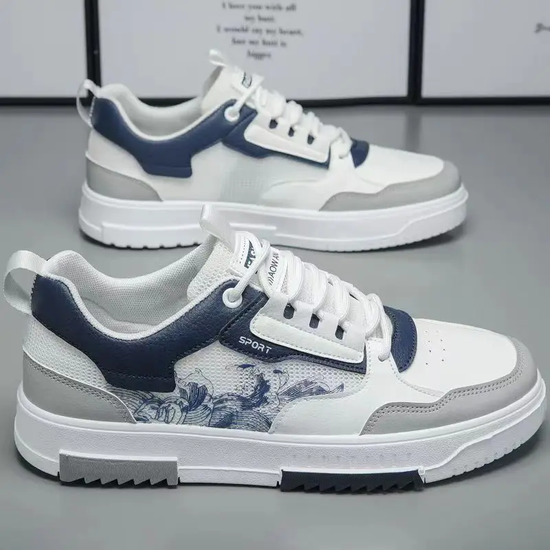 

2023 Summer Breathable White Shoes Men's Teen Low Top Lace-up Casual Shoes Mesh Sneaker Shoes Anime Print Style Running Sneakers