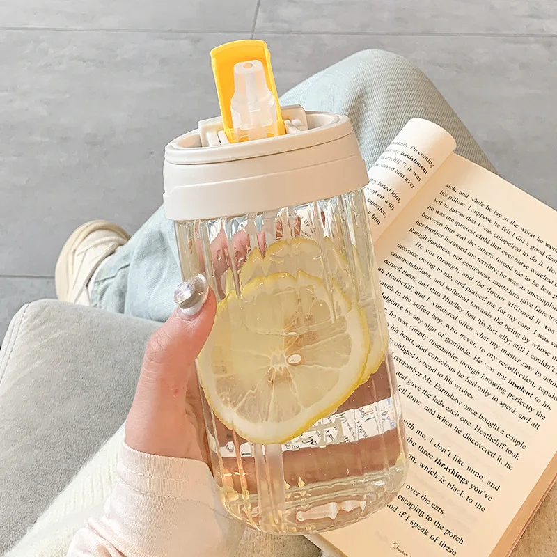 

500ML Glass Water Bottle Summer Students Straw Cup Cartoon Leakproof Drinking Bottle Juice Milk Coffee Water Cup