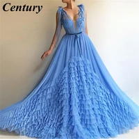 century v neck blue evening dresses a line tiered prom dress elegant tulle appliques wedding party dresses vestidos de fiesta