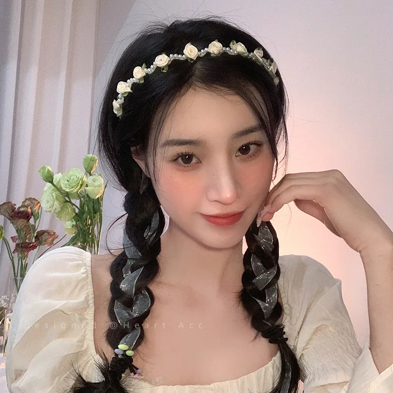 

Three-dimensional Pearl Flower Satin Sweet Headband Female Wild Headband Double Ponytail Girl Spring And Summer Headwear