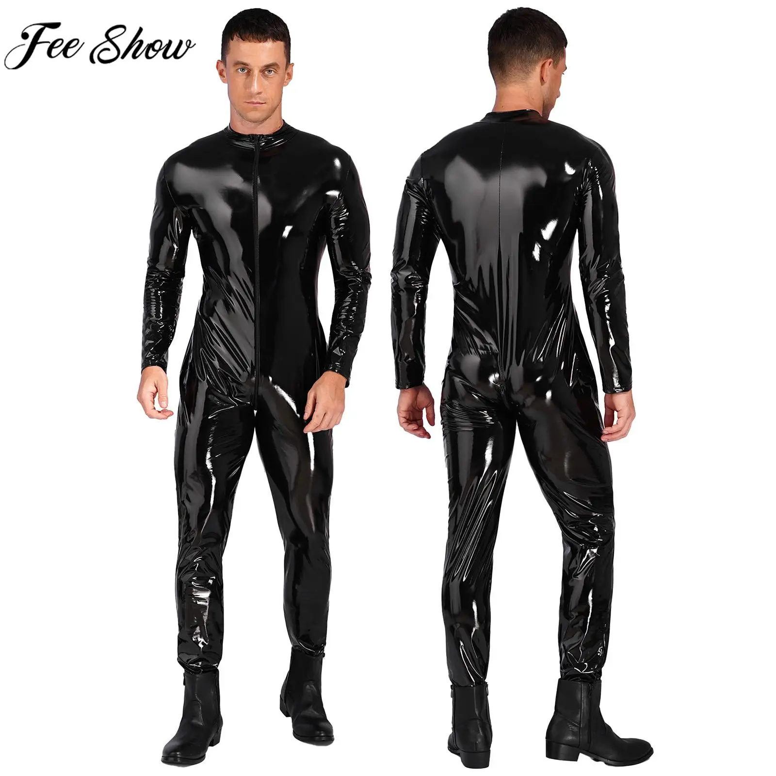 

Mens Wet Look Patent Leather Bodysuit Rave Party Nightclub Pole Dancing Show Costume Long Sleeve Zipper Crotch Jumpsuit Clubwear