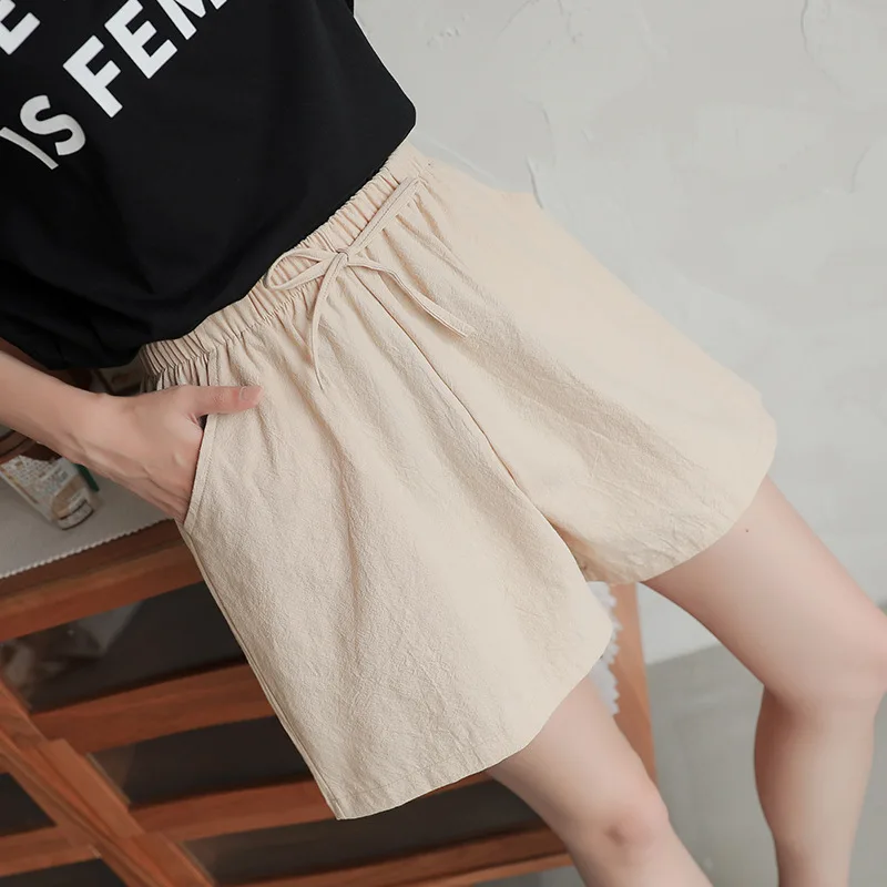 Wide Leg Pant Drawstring Elastic Waist Bikers Shorts Women Shorts Spring Summer 2023 Loose Linen Cotton Solid Casual