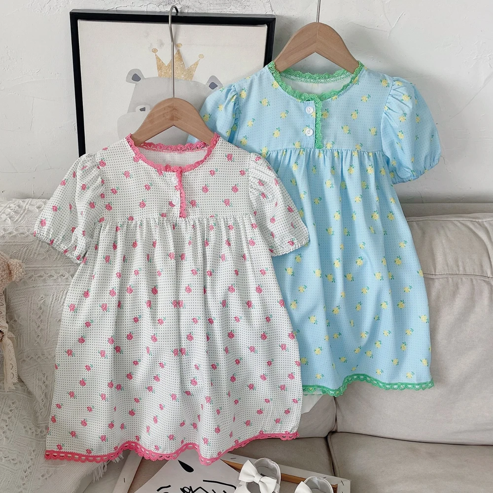 

VigoAnne Girls Print Puff Short Sleeves Dresses 2022 Korean O Neck Single-breasted Dress Kids Girl Verge Clothes Summer Clothes