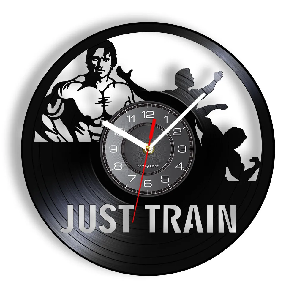 Just Train Wall Art GYM Wall Clock Muscle Man Weighting Vinyl Record Wall Clock Fitness Center Decorative Clock