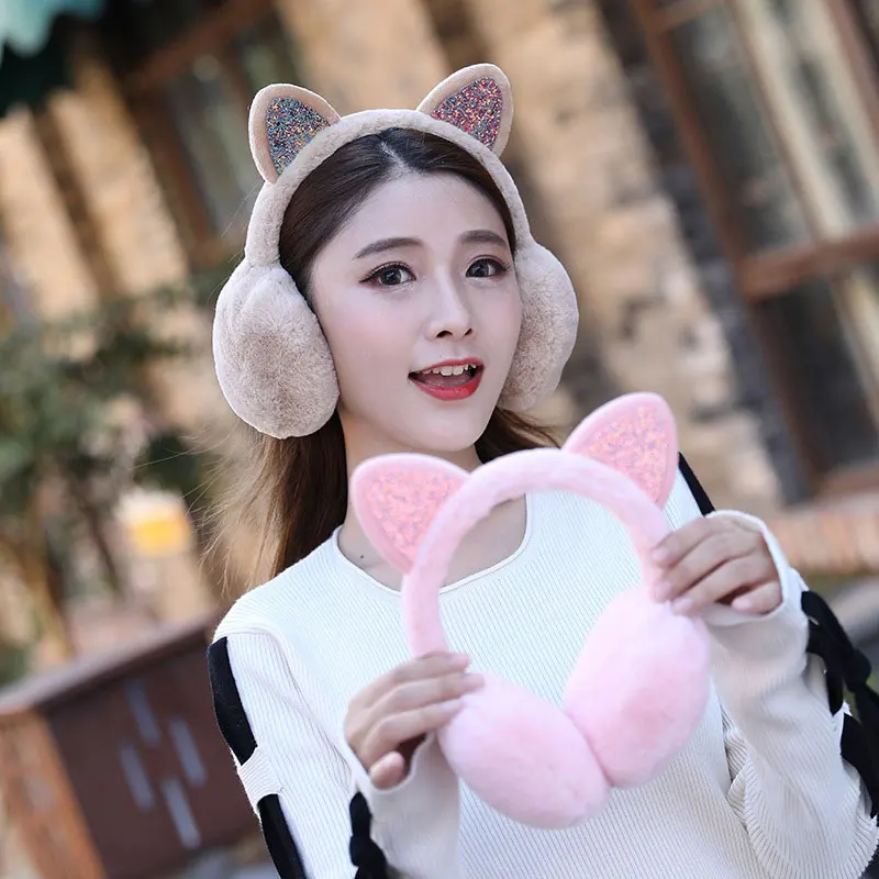 

1 PC Women Girls Cat Rabbit Fox Animal Ears Warmer Cute Winter Outdoor Cycling Warm Sequin Earmuffs Fluffy Earflap Headband