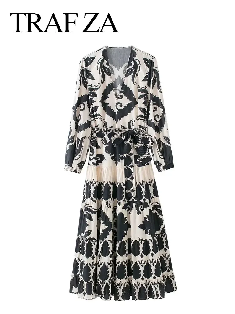 

TRAF ZA Spring Autumn Women's Long Sleeve Dress V Neck Pullover Floral Elegant Retro Dress Loose Casual Street Daily Wear Top