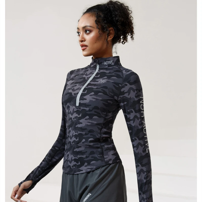 High Quality Gym Camouflage Sport Long Sleeves Running Women Tight Half Zipper Yoga T Shirts Workout Top Athletic Fitness Tops