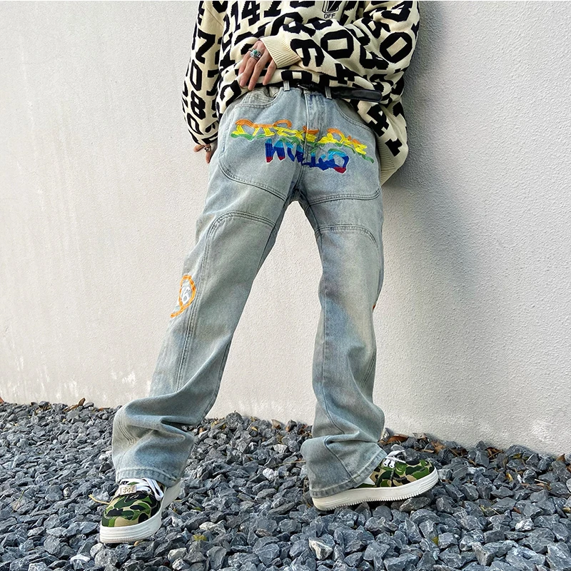 Men's Jeans American High Street Rainbow Embroidery Loose Jeans Women's Korean Fashion Jeans Hip Hop Men Clothing Y2k Pants Men