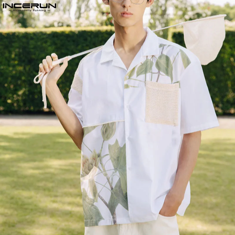 

Повседневные Простые Стильные топы INCERUN, мужские сетчатые дизайнерские рубашки с принтом растений, модная блузка с отворотом и коротким рукавом