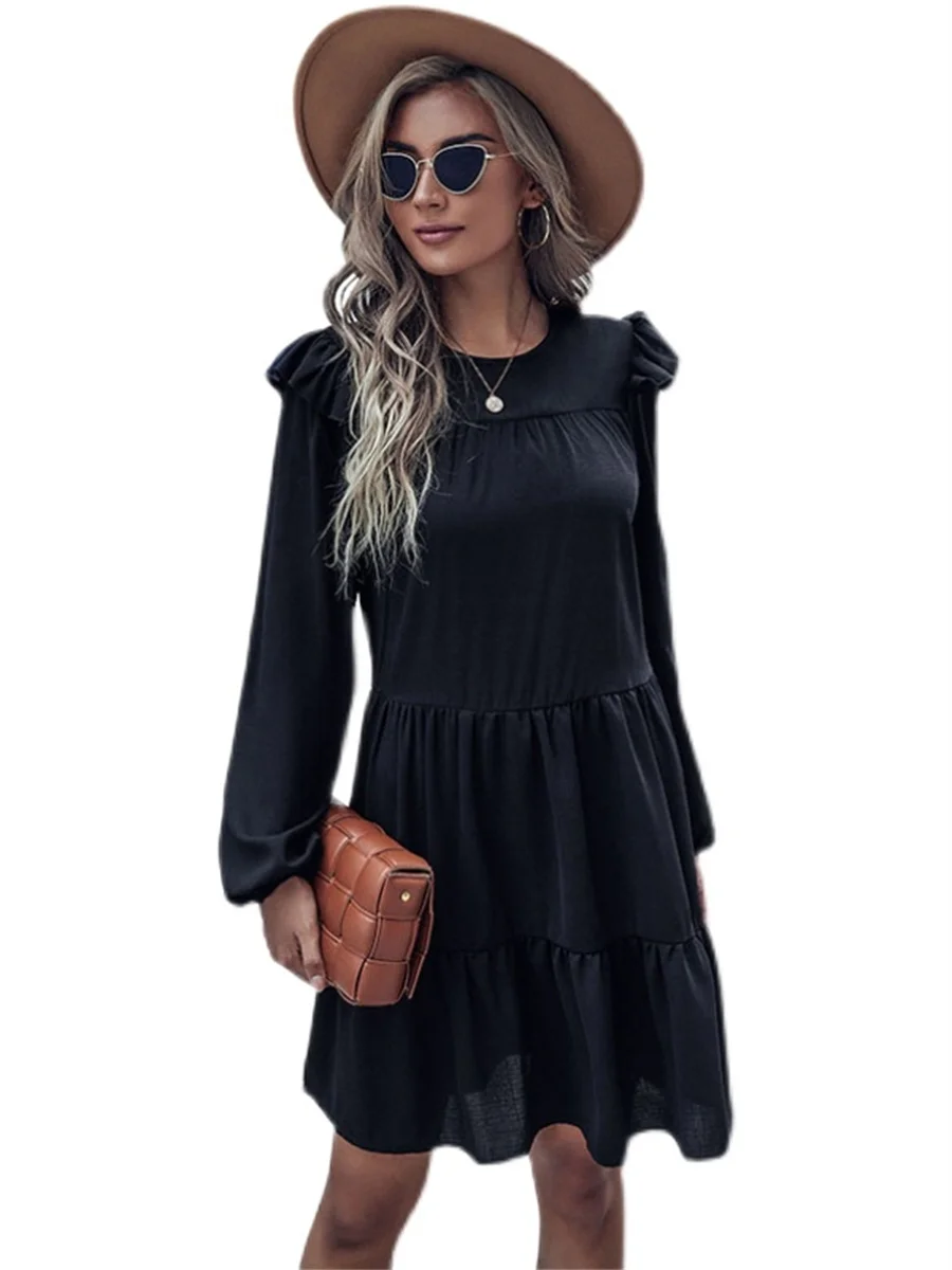 

Woman Spring Autumn Style Dress Lady O-Neck Long Sleeve Solid Color A-Line Dress SS4115