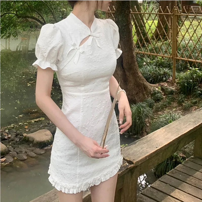 

Menghui платье-фонарик/новый стиль в китайском национальном стиле платье с бантом и пряжкой Улучшенный Чонсам 2022 летняя новая юбка