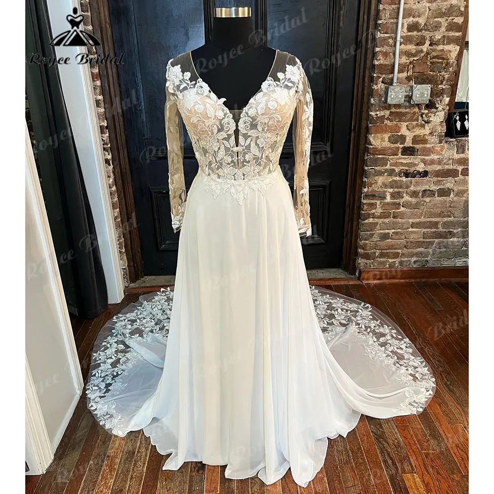 Lace Chiffon Long Sleeve Lace V Neck A Line Beach Wedding Dress 2023 Elegant Bridal Gowns vestidos de novia boda civil sencillos
