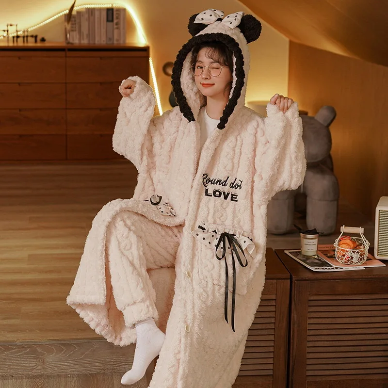 

2 шт., Женский фланелевый Халат с капюшоном, до середины икры