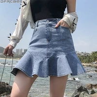 casual streetwear summer denim skirts for women vintage high waist a line jean short skirt blue black ruffles mermaid jupe femme