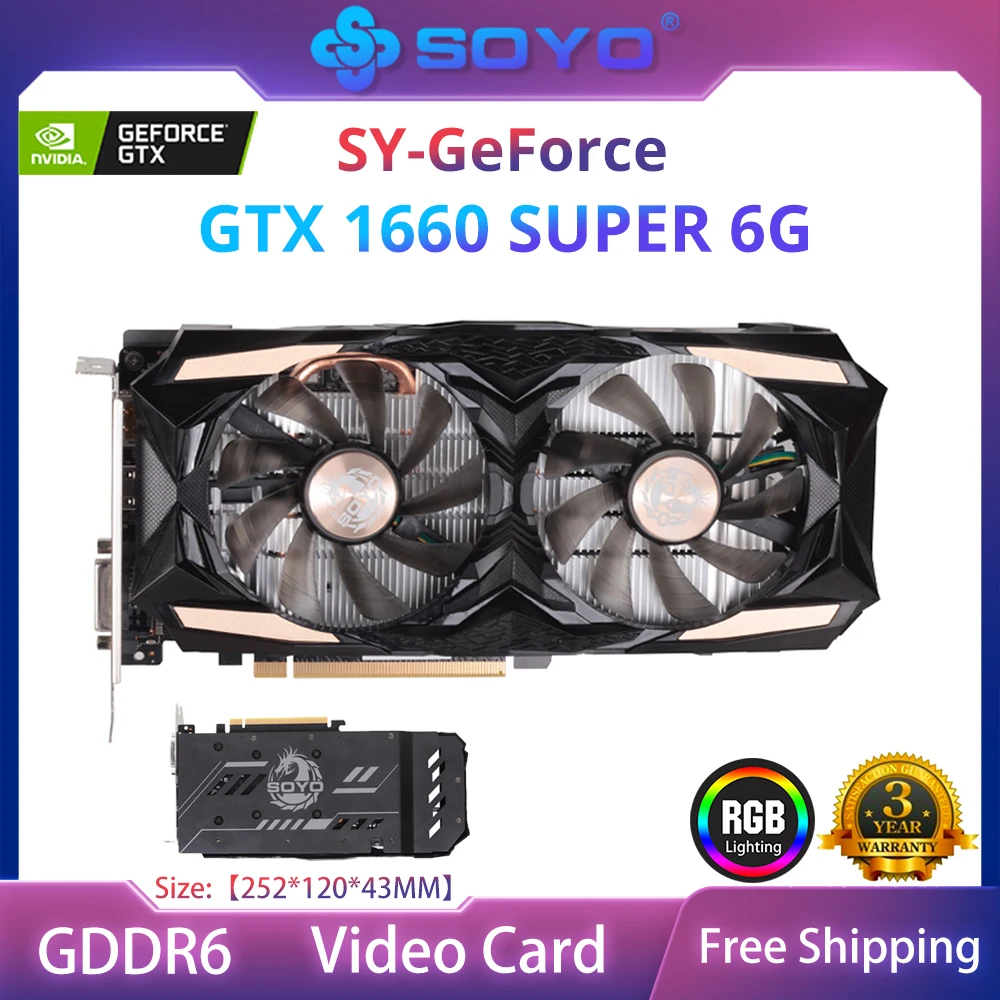 SOYO New GeForce GTX 1660 Super 6G Graphic Card NVIDIA GDDR6 GPU Video Gaming 12nm RGB LED PCIE Mining Card For Desktop Computer
