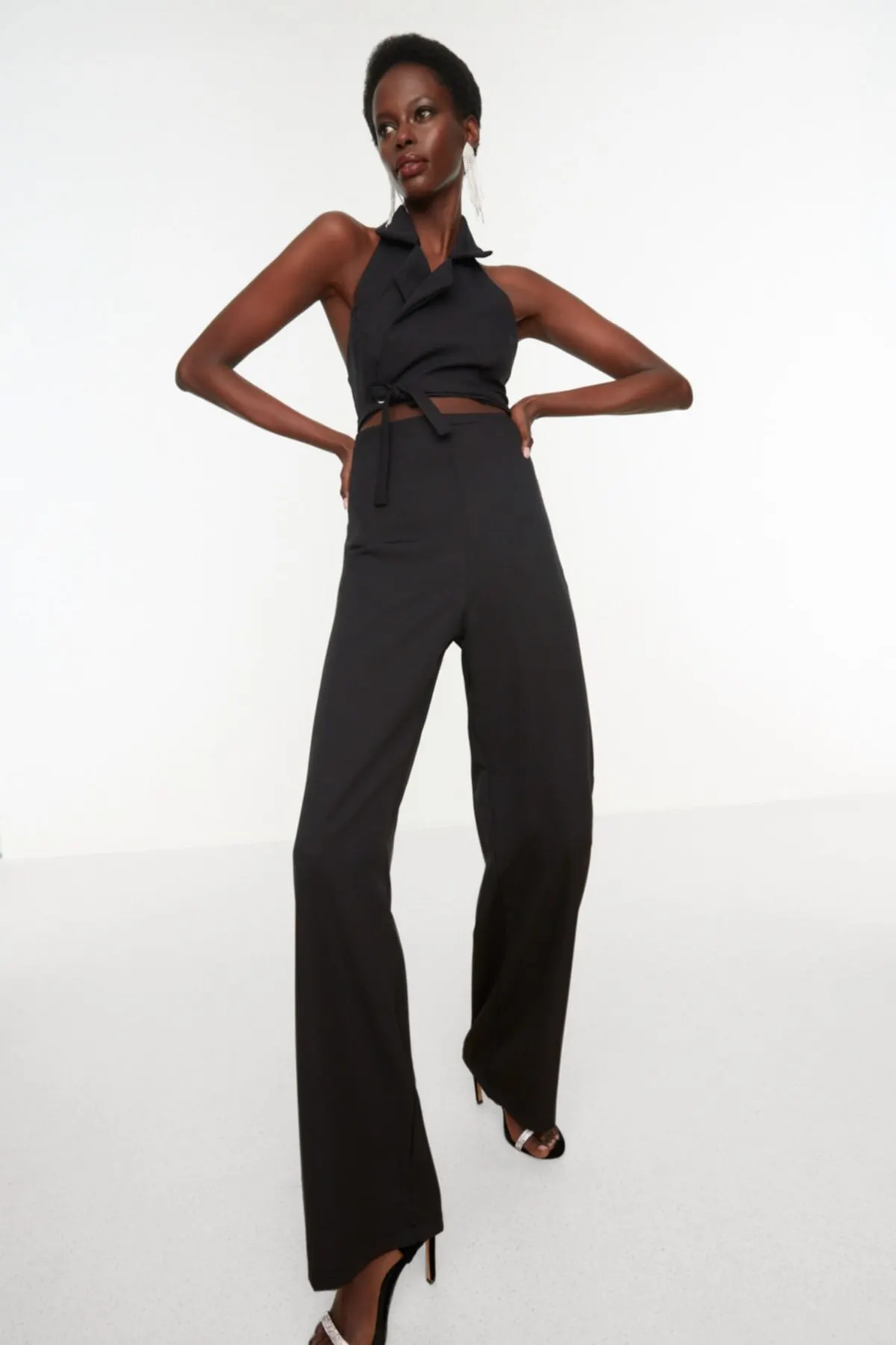 

Women's Overalls Black Jacket Collar Jumpsuit Hot Style Quality Fabric Sleeveless Baggy Trousers Casual Jumpsuit