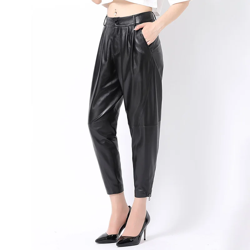 Women Fashion Sheepskin Leather Trouser Black High Waist Spring Long Pants Streetwear Female SY3985