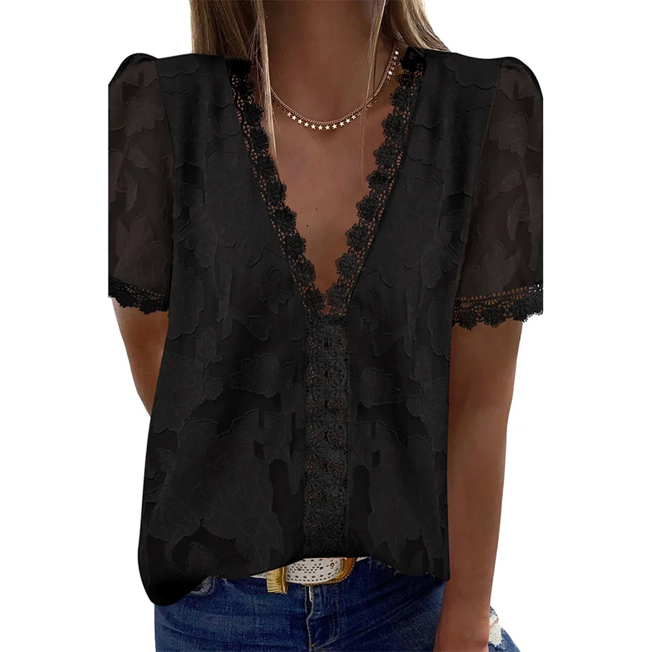 

Блузка женская кружевная с V-образным вырезом и коротким рукавом