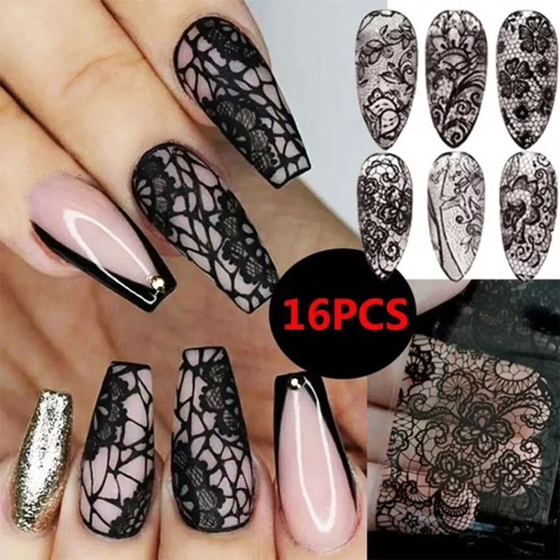 

NEW IN Sheet Black Lace Flower Nails Sticker White Star Transfer Nail Foil Adhesive Manicure Nail Stickers Designer Art Decorati