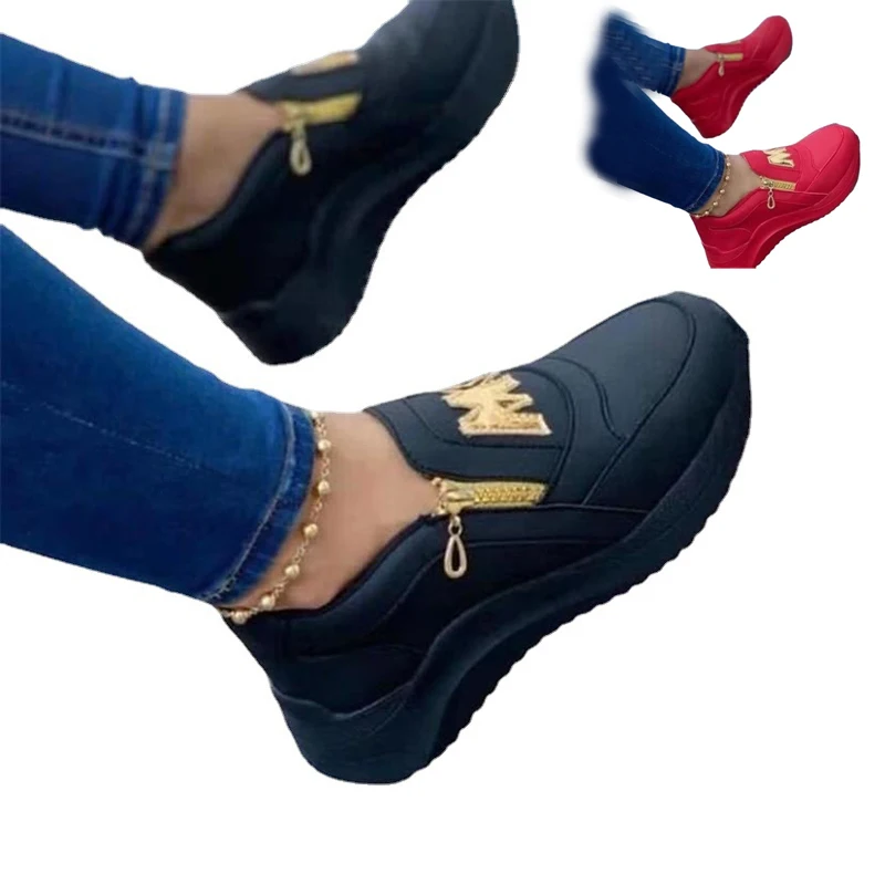 

Women's Vulcanized Shoes Platform Side Zipper Women Pumps Solid Color Vulcanized Sneakers Comfortable Plus Size Shoes Wholesale