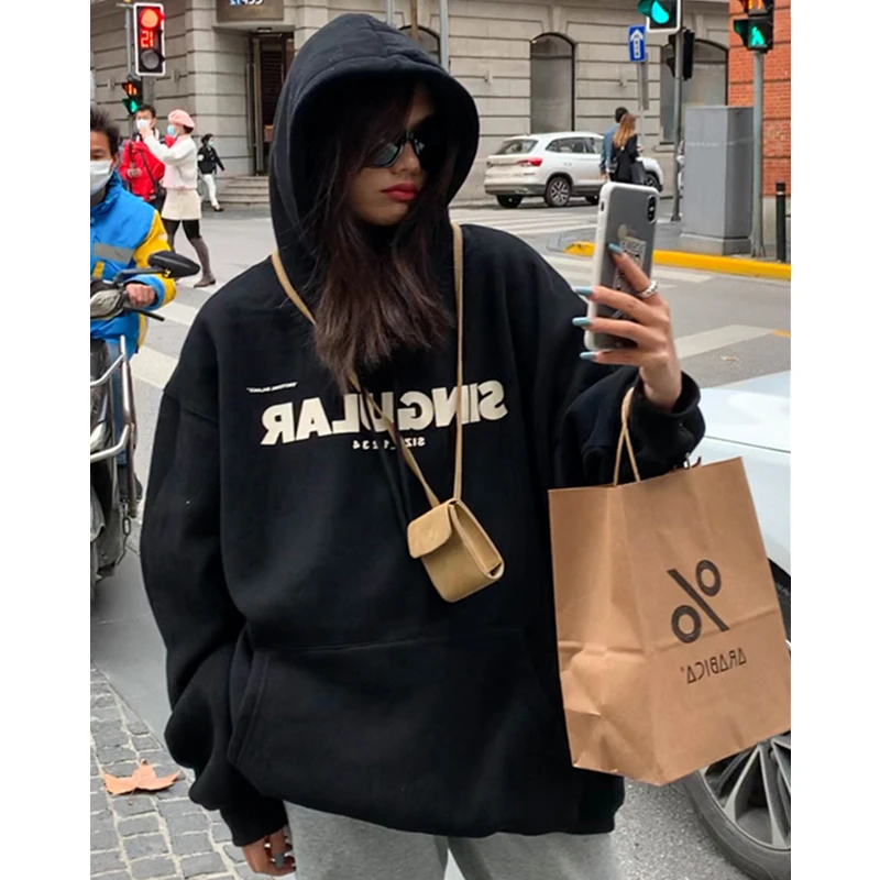 

Women Black Hoodie Letter Print Drawstring Sweatshirt Hip Hop Korean Fashion Leisure Fleece Thicken Winter New Tops Pullover