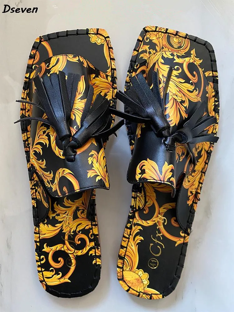 

2022 Women Sandals Fashion Tassels Summer Shoes Brand Beach Slides Retro Print Shoes For Women Flat Slippers Outdoor Sandals