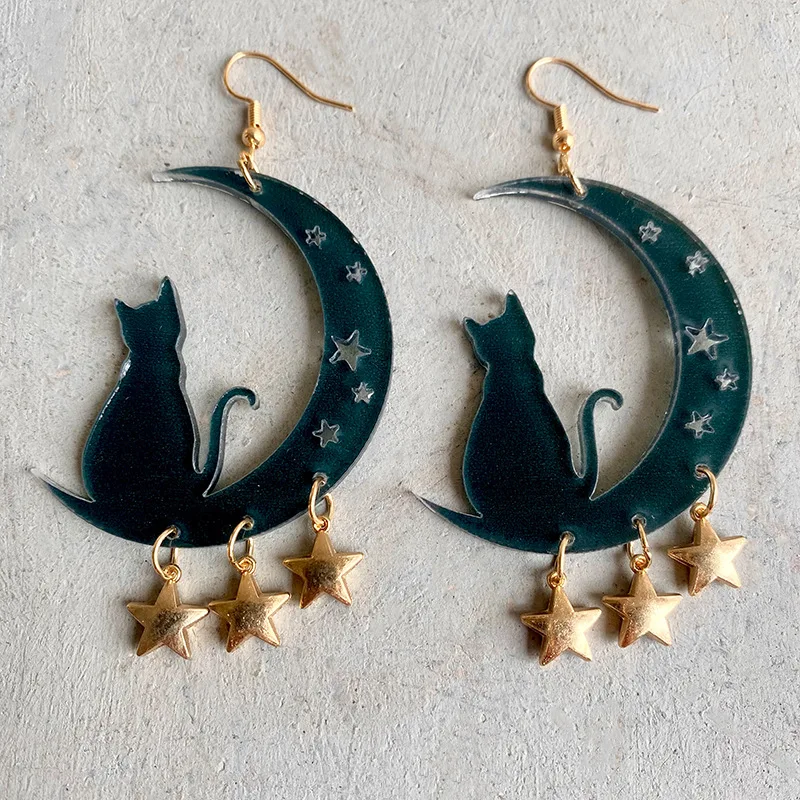 Cross-border supply fun moon cat earrings acrylic female tassels creative combination star earrings ins