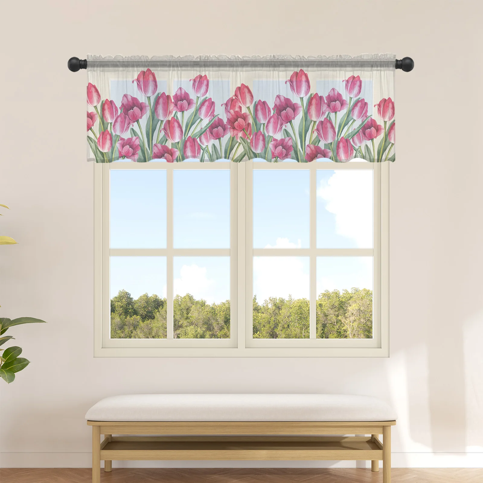 

Весенняя короткая Тюлевая занавеска с акварельными цветами, тюльпанами, полузанавеска для кухонной двери, драпировка для кафе, маленькая ф...