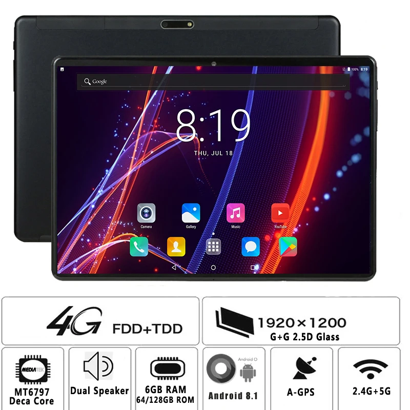 

10.1 inch Global Version Deca Core Tablet pc 6GB RAM 128GB ROM 1280*800 IPS Dual Sim 4G Tablets Android 9.0 Tablets 10.1