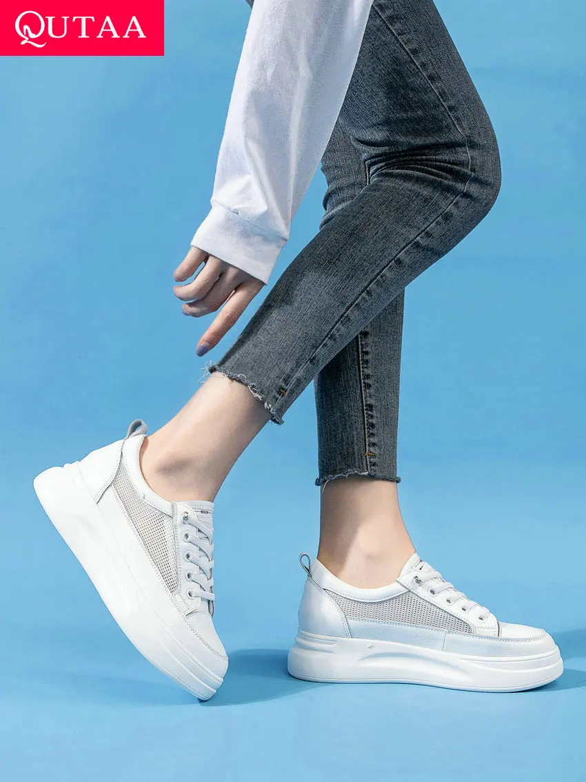 

QUTAA 2023 Women Sneakers Summer Sports Shoes Fashion Causal Lace-Up Mesh Genuine Leather Med Heel Shoes Woman Size 34-40