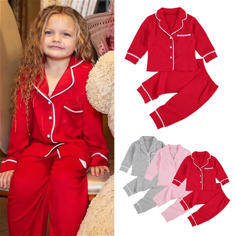 

Autumn Winter Baby Pajama Sets Kids Baby Boys Girls Long Sleeve Lapel Buttons Tops Pants Pajamas Children Sleepwear Homewear