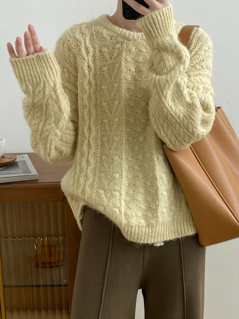 

Autumn Fashion Elegant Loose Solid Color Long Sleeve O-neck Soft Knitted Pullovers Sweaters Top Women Lady Chic Casual Knitwear