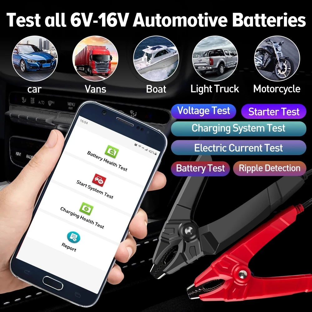 Фото LAUNCH BST360 12V Тестер автомобильных аккумуляторов Bluetooth, анализатор состояния батарей (SOH, SOC), тестер 2000CCA, диагностический инструмент для AGM, GEL, EFB аккумуляторов №2