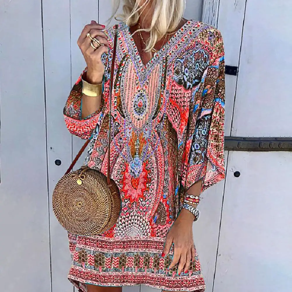 Summer Boho Beach Dress Women Vintage Dresses V-neck Printing Long Sleeves Dress Leisure Time On Vacation Sundress Robe Femme