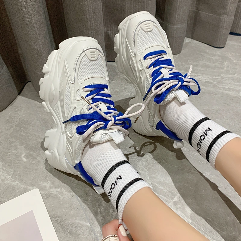 

Fashion Women Chunky Sneakers High-end Mesh Breathable Lace-up Designer Vulcanized Daddy Shoes Sports Flats Platform Shoes