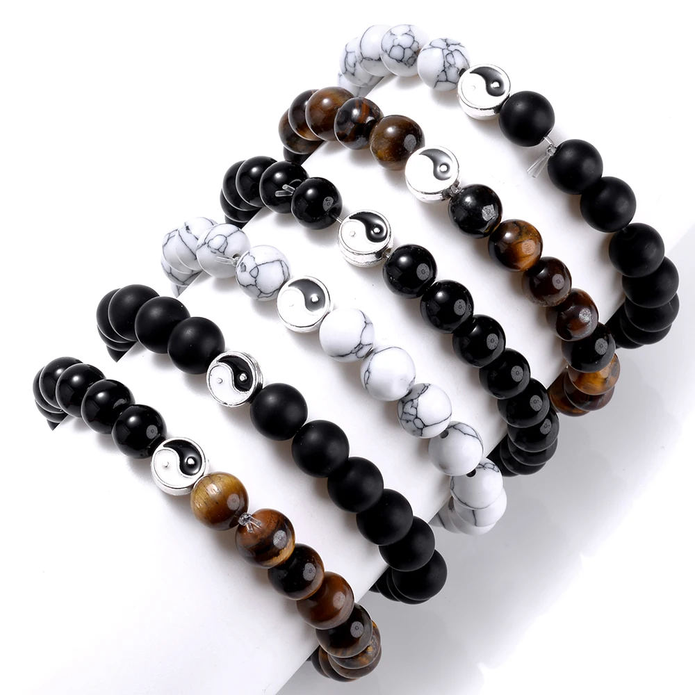 Модные черные и белые браслеты Taichi с подвесками 8 мм натуральный тигровый глаз