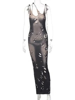 women sleeveless skinny blackless bodycon elegant party robe y2k summer asymmetrical print see through maxi dresses