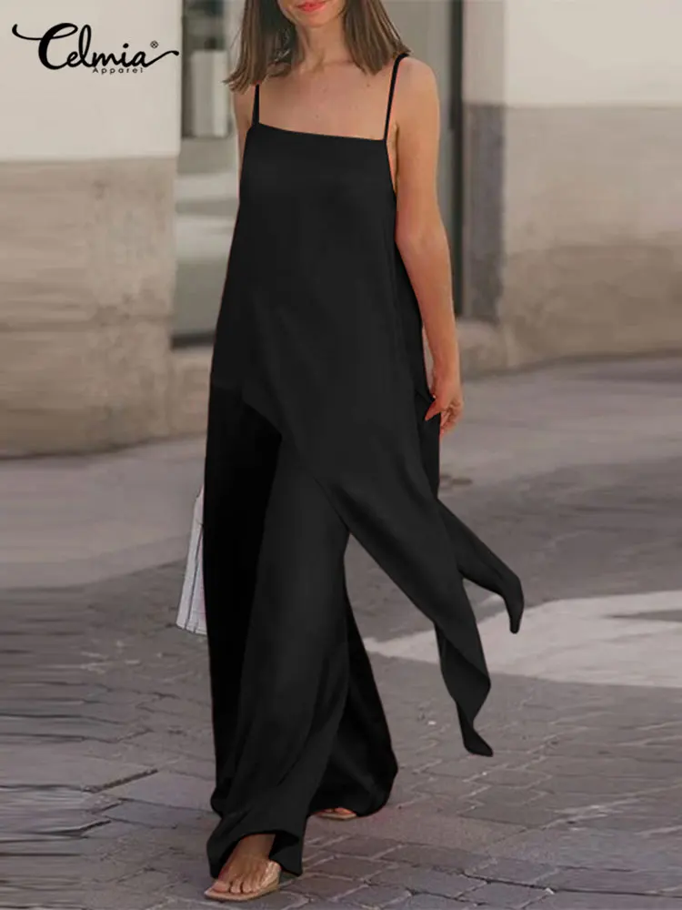 

Celmia Women Satin 2pcs Sets Fashion Sleeveless Asymmetrical Sling Top and Wide Leg Pants Suits 2022 Summer Streetwear Pant Sets