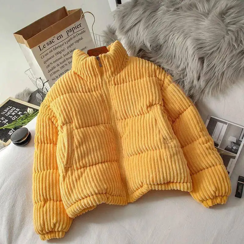 Autumn Winter Corduroy Thicken Warm Women Parka Short Bread Padded Jackets Casual Loose Stand Collar Solid Female Coat Outwear