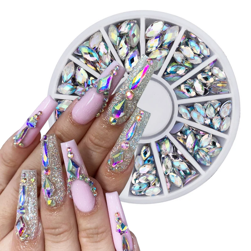 

12 Grids Glitter Nail Rhinestone AB Flatback Mixed Size Diamonds Crystals Irregular Beads 3D Nail Art Decorations Manicure Gems