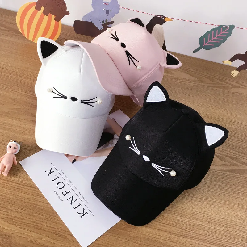 

Summer Korean Cat Pearl Ear Baseball Hat Women's Casual Versatile Sunshade Duck Tongue Hat Tide Hat Black