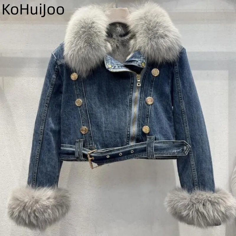 KoHuiJoo Plush Thickened Denim Coat Women Korean 2022 Winter Fashion Personality Short Fox Fur Fur Coat Double breasted Jacket
