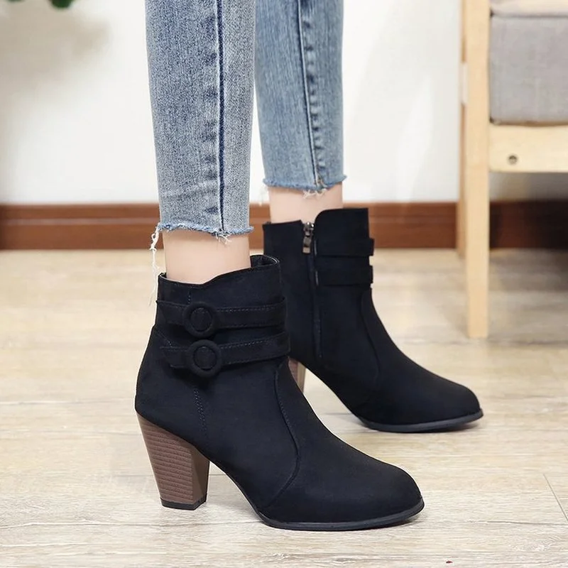

Plus Size Women Boots Spring Autumn 2022 New Flock Ankle Fahsion High Heels Shoes Woman Botas De Mujer Ladies Casual Boots