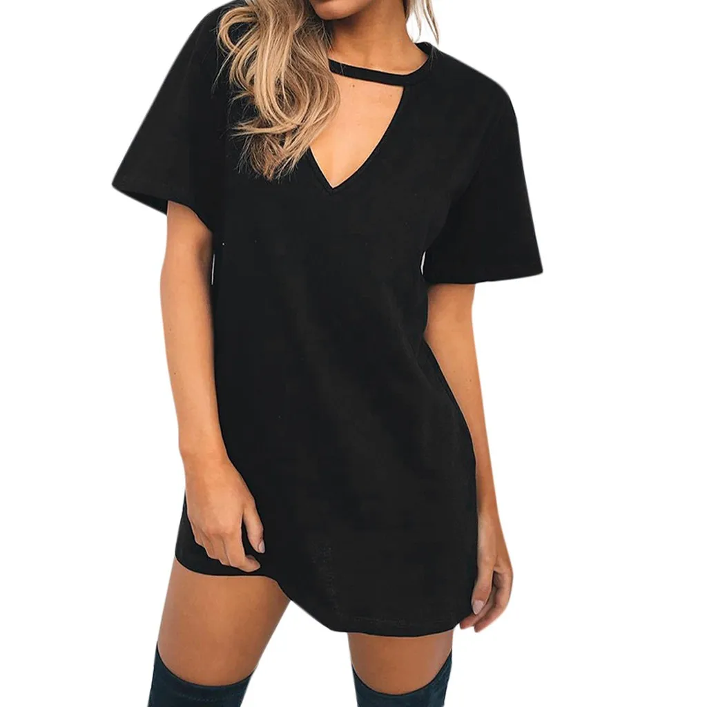 

Женский чокер с V-образным вырезом, Длинные Топы, футболка, женское повседневное вечерние нее мини-платье, блузка