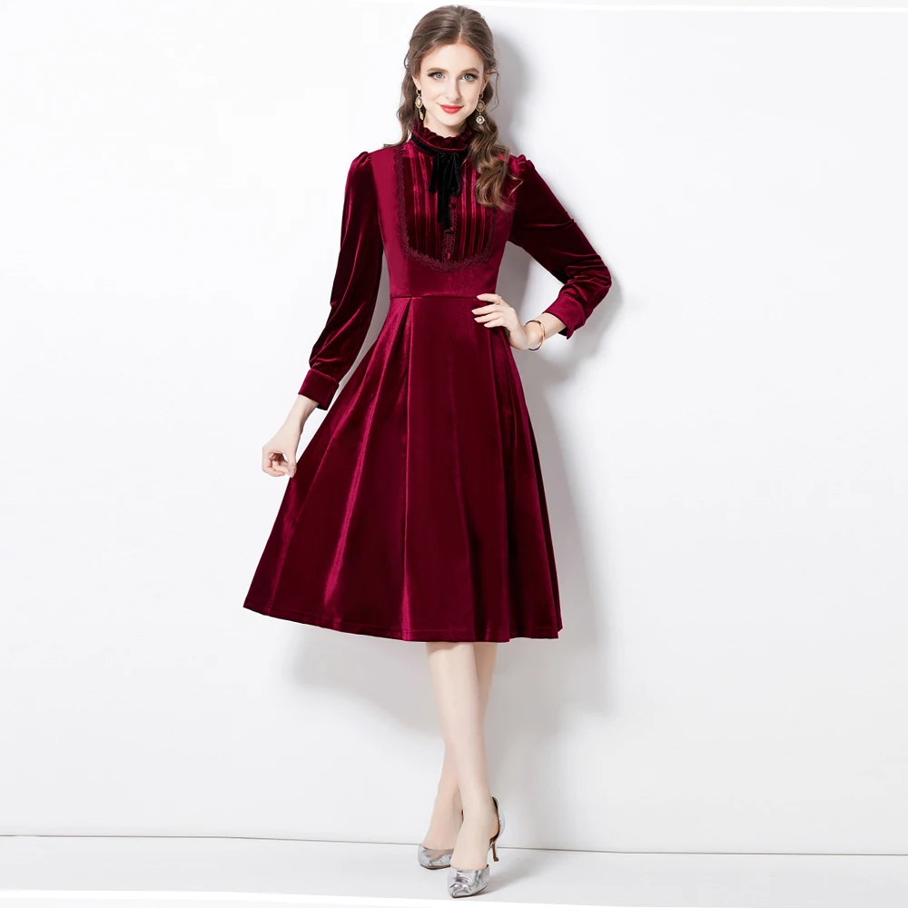 

Autumn Winter Runway Fashion Blue Red Velvet Midi Dress Women Bow Stand Collar Long Sleeve Lace Patchwork Slim Party Vestidos